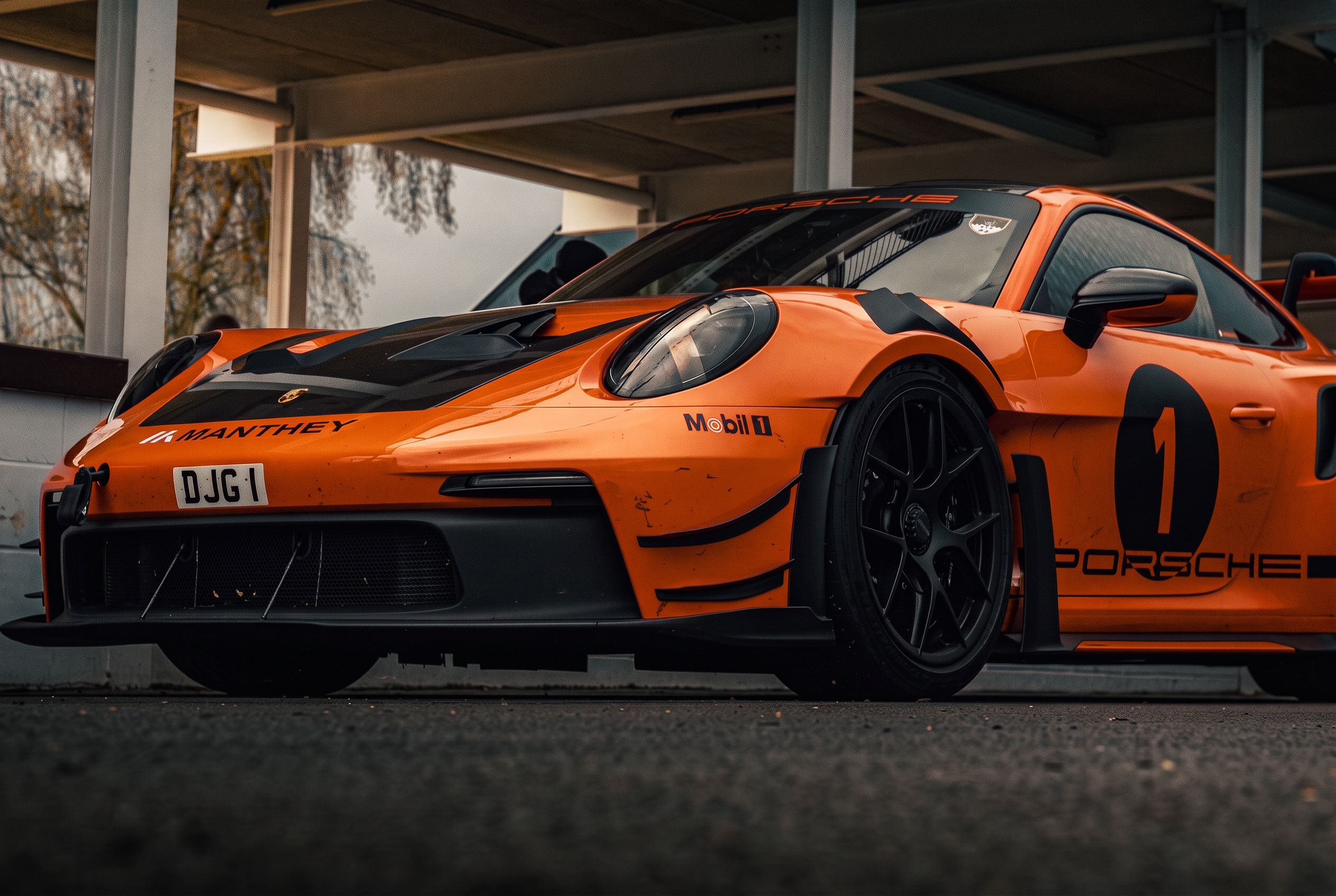 Orange Porsche 911 GT3 RS at blue hour under a paddock shelter